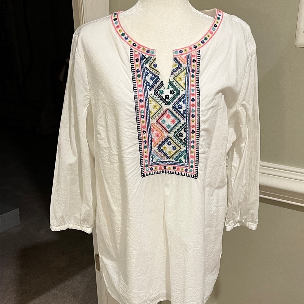 Talbots White Tunic with Multicolor Embroidery, NWOT, XL